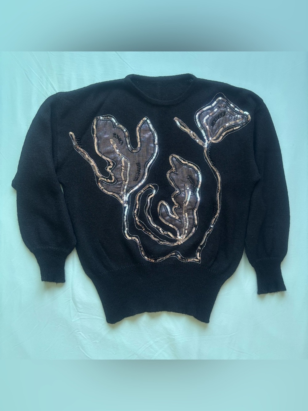 Vintage Black & Silver Sequin Appliqué Mohair Sweater